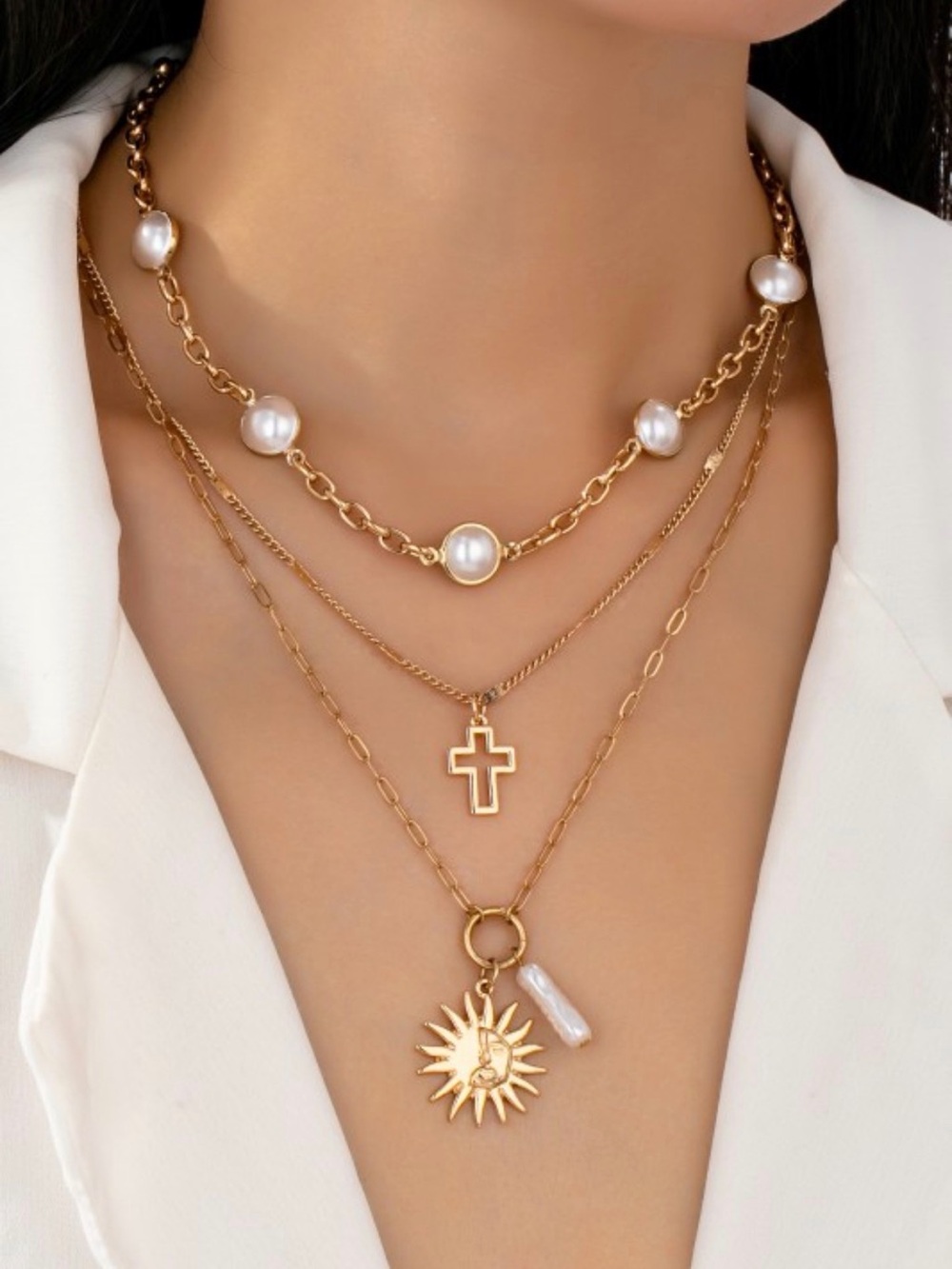 NWT Josslyn Multi Pearl Layer Sun Cross Charm Necklace Gold Tone Jewelry Boho
